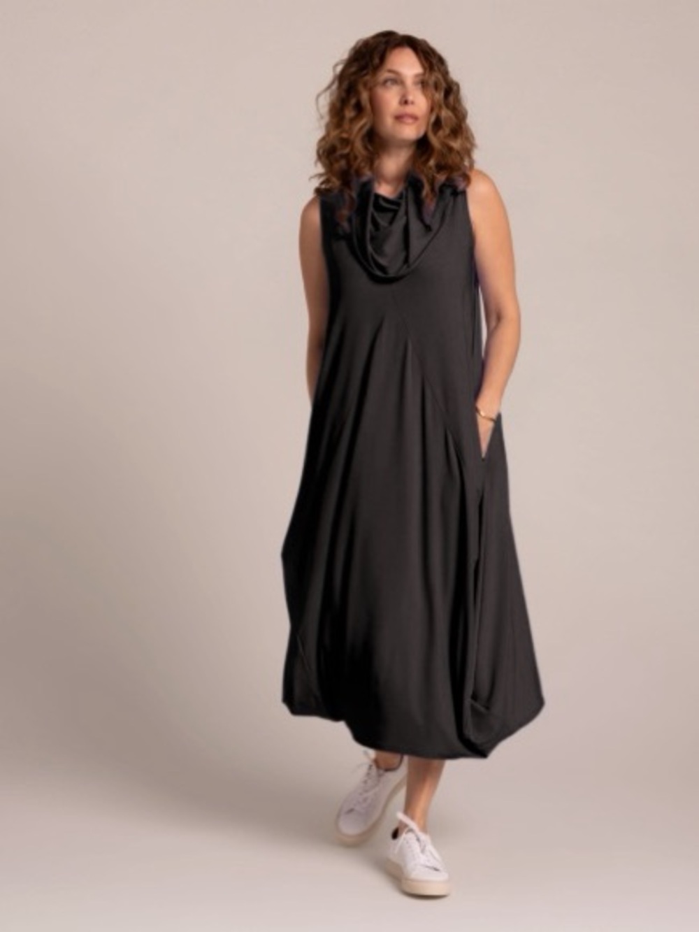Sympli Black Sleeveless Cowl Neck Midi Dress